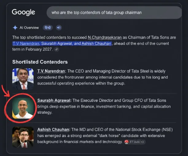 Google AI Overview mistakenly showing the wrong Saurabh Agrawal as a Tata Sons chairman contender