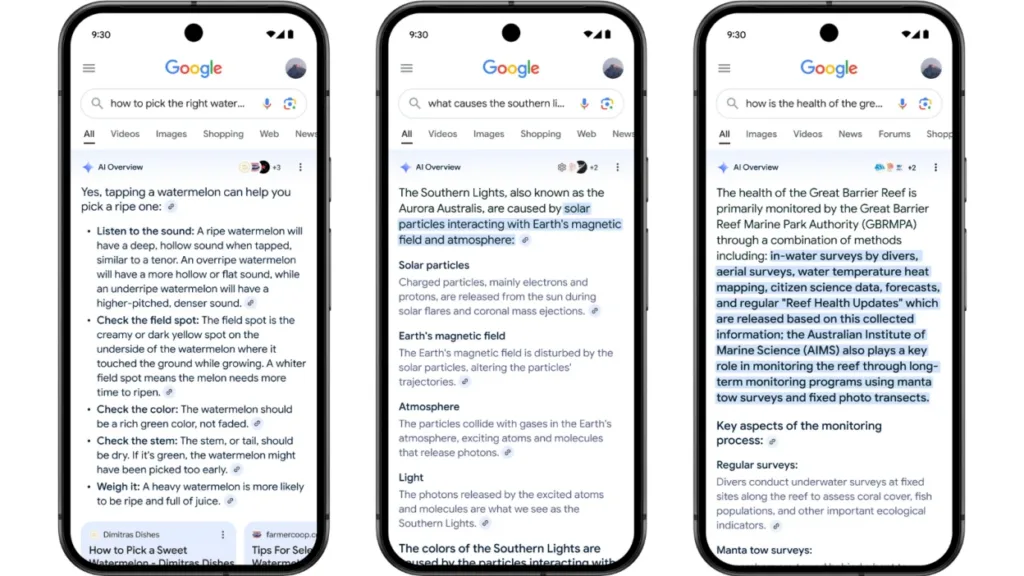 Google AI Overview screenshots answering everyday questions directly without a website click
