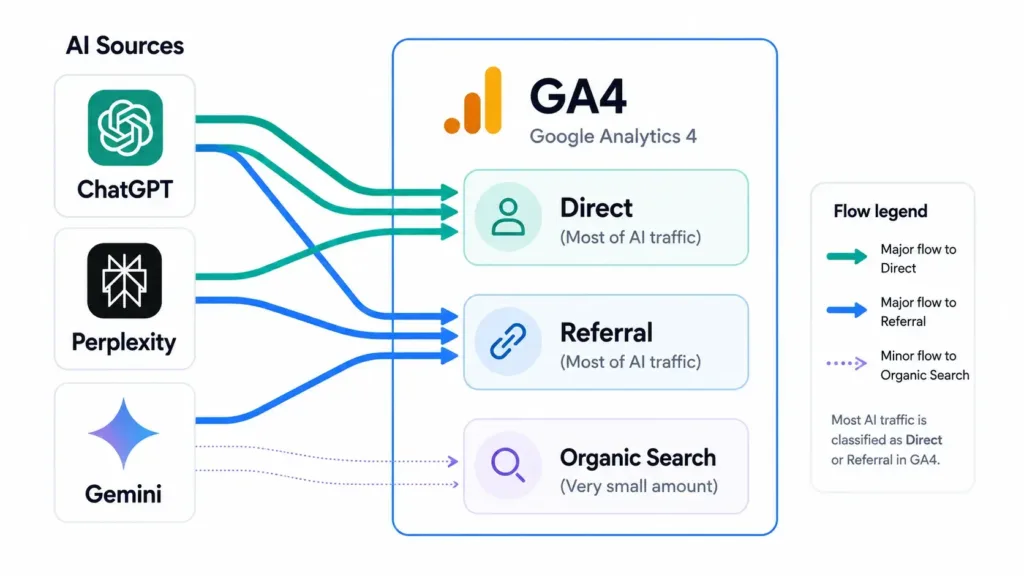 Flow diagram showing how ChatGPT, Perplexity, and Gemini traffic gets misclassified in Google Analytics 4