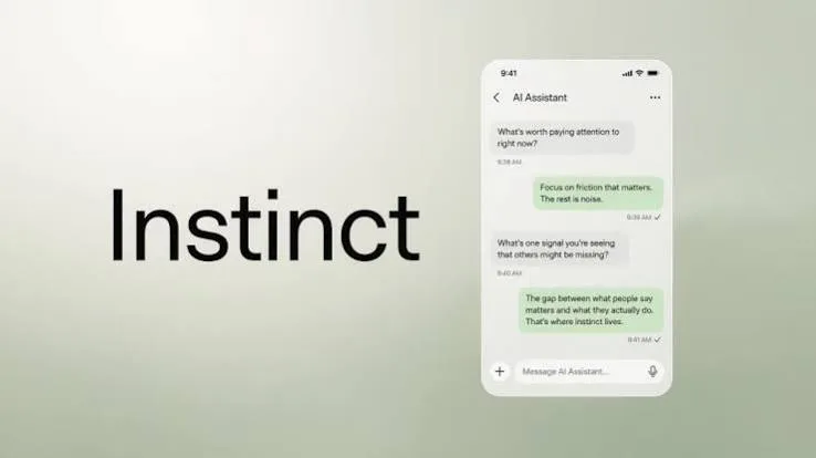 Instinct personal AI assistant chat on a phone, next to the Instinct wordmark