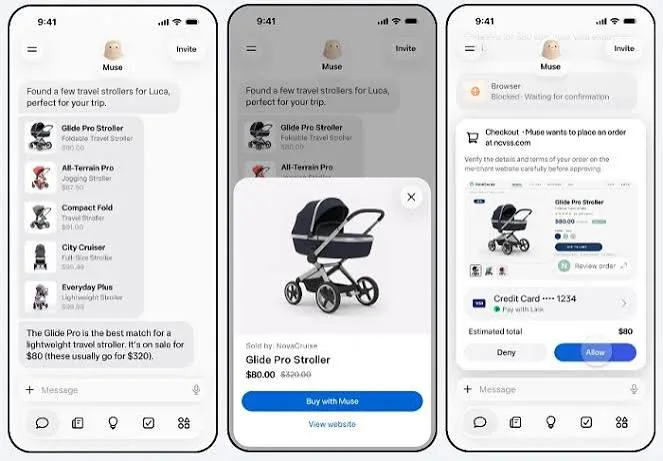 Meta Muse app screens showing the personal AI agent finding a stroller and checking out with user approval

