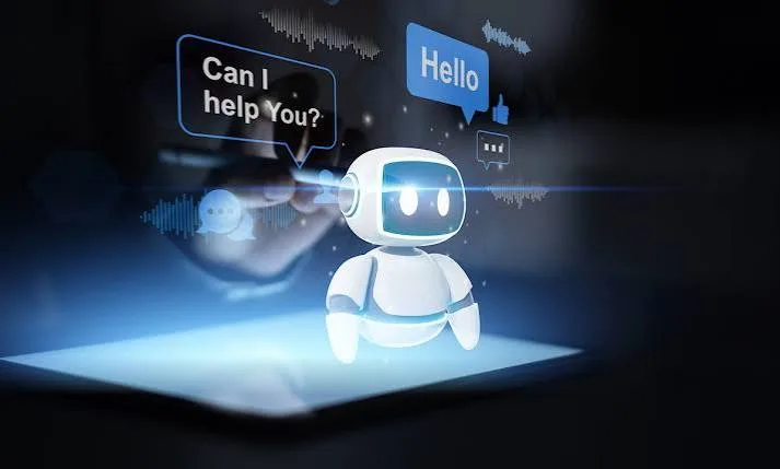 AI assistant robot greeting a user with “Can I help you?” and “Hello” speech bubbles