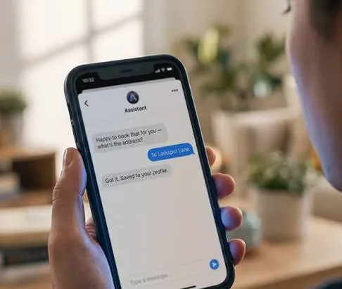 Hand holding a smartphone while texting a personal AI assistant to book an appointment