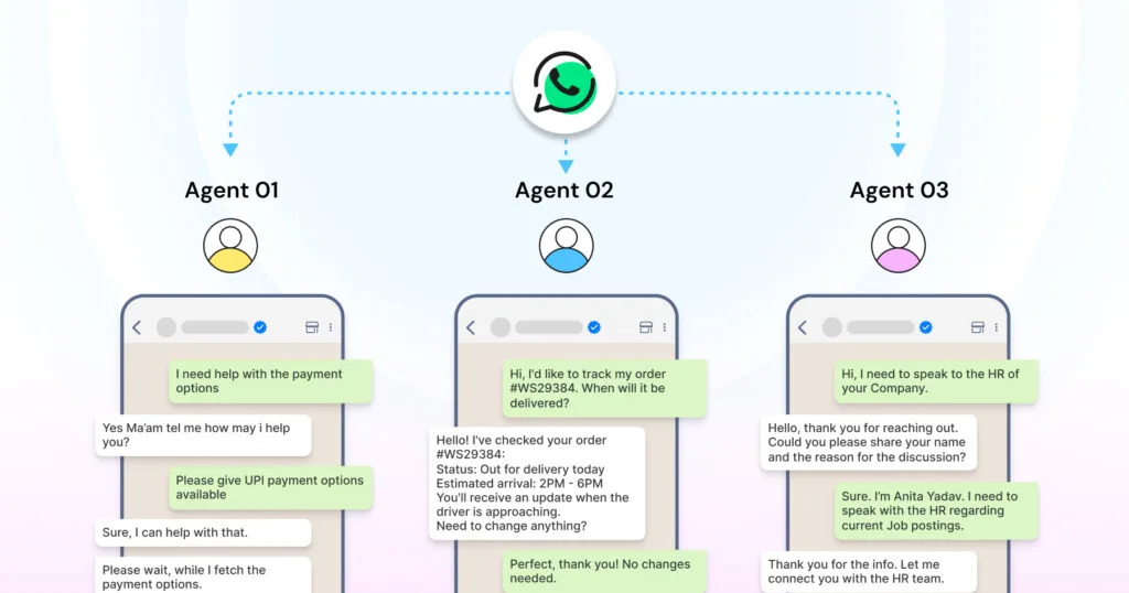 Three AI agents handling customer chats on WhatsApp at the same time