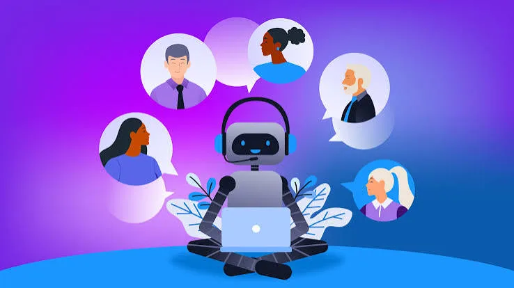 AI chatbot robot wearing a headset at a laptop, answering speech bubbles from several customers